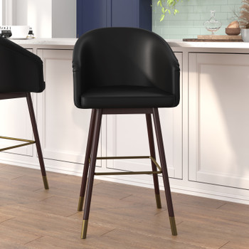 Flash Furniture Margo 30" Commercial Grade Mid-Back Modern Barstool w/ Walnut Finish Beechwood Legs & Curved Back, Black LeatherSoft w/ Muted Bronze Accents, Model# AY-1928-30-BK-GG