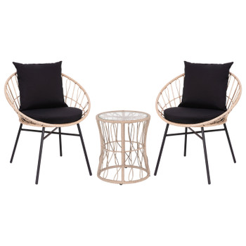 Flash Furniture Devon 3-Piece Tan Indoor/Outdoor Bistro Set, Papasan Style Rattan Rope Chairs, Glass Top Side Table & Black Cushions, Model# TW-VN017-18-TAN-BK-GG