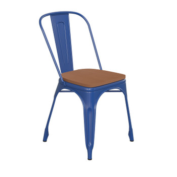 Flash Furniture Perry Commercial Grade Blue Metal Indoor-Outdoor Stackable Chair w/ Teak Poly Resin Wood Seat, Model# CH-31230-BL-PL1T-GG