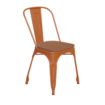 Flash Furniture Perry Commercial Grade Orange Metal Indoor-Outdoor Stackable Chair w/ Teak Poly Resin Wood Seat, Model# CH-31230-OR-PL1T-GG