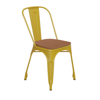 Flash Furniture Perry Commercial Grade Yellow Metal Indoor-Outdoor Stackable Chair w/ Teak Poly Resin Wood Seat, Model# CH-31230-YL-PL1T-GG