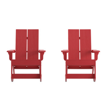 Flash Furniture Finn Modern Commercial Poly Resin Wood Adirondack Rocking Chair All Weather Red Polystyrene Dual Slat Back Stainless Steel Hardware Set of 2, Model# JJ-C14709-RED-2-GG