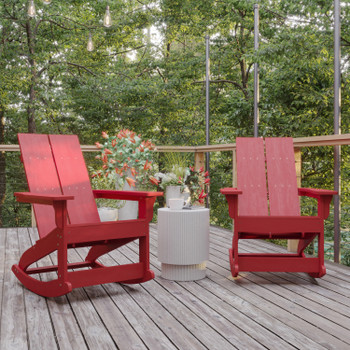 Flash Furniture Finn Modern Commercial Poly Resin Wood Adirondack Rocking Chair All Weather Red Polystyrene Dual Slat Back Stainless Steel Hardware Set of 2, Model# JJ-C14709-RED-2-GG