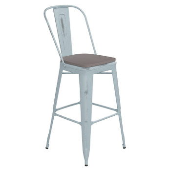 Flash Furniture Carly Commercial Grade 30" High Green-Blue Metal Indoor-Outdoor Barstool w/ Back w/ Gray Poly Resin Wood Seat, Model# ET-3534-30-DB-PL1G-GG