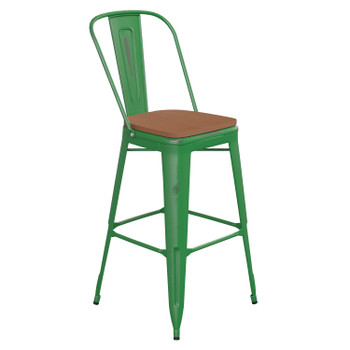 Flash Furniture Carly Commercial Grade 30" High Green Metal Indoor-Outdoor Barstool w/ Back w/ Teak Poly Resin Wood Seat, Model# ET-3534-30-GN-PL1T-GG