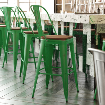 Flash Furniture Carly Commercial Grade 30" High Green Metal Indoor-Outdoor Barstool w/ Back w/ Teak Poly Resin Wood Seat, Model# ET-3534-30-GN-PL1T-GG