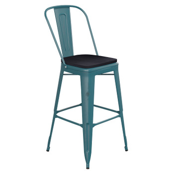 Flash Furniture Carly Commercial Grade 30" High Kelly Blue-Teal Metal Indoor-Outdoor Barstool w/ Back w/ Black Poly Resin Wood Seat, Model# ET-3534-30-KB-PL1B-GG