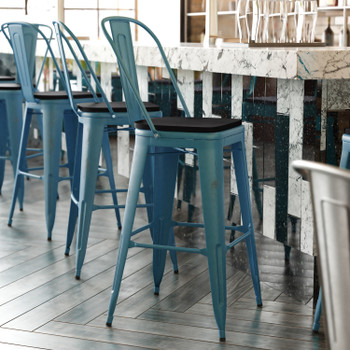Flash Furniture Carly Commercial Grade 30" High Kelly Blue-Teal Metal Indoor-Outdoor Barstool w/ Back w/ Black Poly Resin Wood Seat, Model# ET-3534-30-KB-PL1B-GG