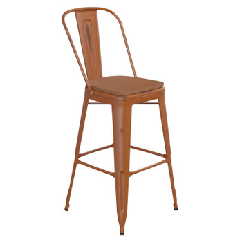 Flash Furniture Carly Commercial Grade 30" High Orange Metal Indoor-Outdoor Barstool w/ Back w/ Teak Poly Resin Wood Seat, Model# ET-3534-30-OR-PL1T-GG