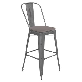 Flash Furniture Carly Commercial Grade 30" High Silver Gray Metal Indoor-Outdoor Barstool w/ Back w/ Gray Poly Resin Wood Seat, Model# ET-3534-30-SIL-PL1G-GG