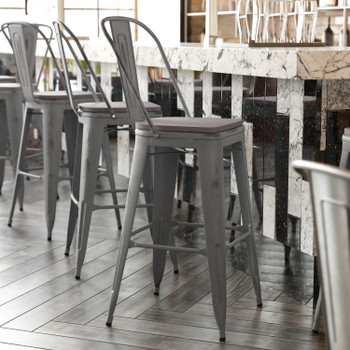 Flash Furniture Carly Commercial Grade 30" High Silver Gray Metal Indoor-Outdoor Barstool w/ Back w/ Gray Poly Resin Wood Seat, Model# ET-3534-30-SIL-PL1G-GG