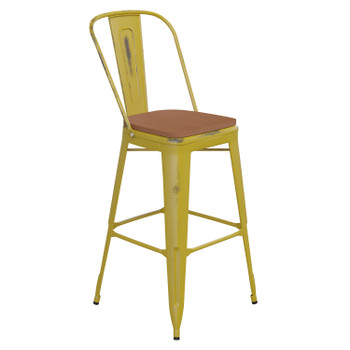 Flash Furniture Carly Commercial Grade 30" High Yellow Metal Indoor-Outdoor Barstool w/ Back w/ Teak Poly Resin Wood Seat, Model# ET-3534-30-YL-PL1T-GG