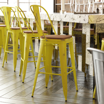 Flash Furniture Carly Commercial Grade 30" High Yellow Metal Indoor-Outdoor Barstool w/ Back w/ Teak Poly Resin Wood Seat, Model# ET-3534-30-YL-PL1T-GG