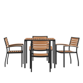 Flash Furniture Lark 5 Piece Outdoor Dining Table Set Synthetic Teak Poly Slats 35" Square Steel Framed Table Umbrella Hole 4 Club Chairs, Model# XU-DG-810060064-GG