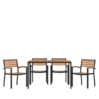 Flash Furniture Lark 5 Piece Outdoor Dining Table Set Synthetic Teak Poly Slats 30" x 48" Steel Framed Table w/ Umbrella Hole-4 Club Chairs, Model# XU-DG-304860064-GG