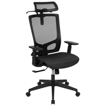 Flash Furniture Layla Ergonomic Mesh Office Chair w/ Synchro-Tilt, Pivot Adjustable Headrest, Lumbar Support, Coat Hanger & Adjustable Arms in Black, Model# H-2809-1KY-BK-GG