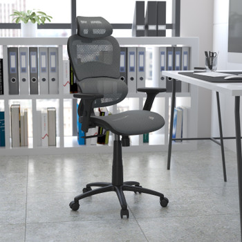Flash Furniture LO Ergonomic Mesh Office Chair w/ 2-to-1 Synchro-Tilt, Adjustable Headrest, Lumbar Support, & Adjustable Pivot Arms in Gray, Model# H-LC-1388F-1K-GY-GG