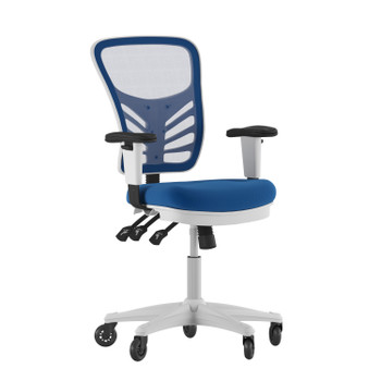 Flash Furniture Nicholas Mid-Back Blue Mesh Multifunction Executive Ergonomic Office Chair w/ Adjustable Arms, Transparent Roller Wheels, & White Frame, Model# HL-0001-WH-BLUE-RLB-GG