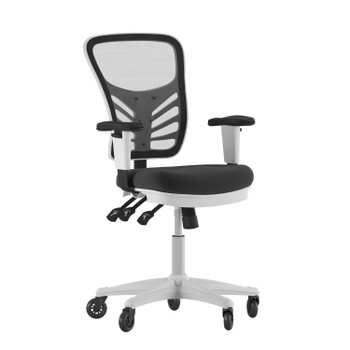 Flash Furniture Nicholas Mid-Back Black Mesh Multifunction Executive Ergonomic Office Chair w/ Adjustable Arms, Transparent Roller Wheels, & White Frame, Model# HL-0001-WH-BK-RLB-GG