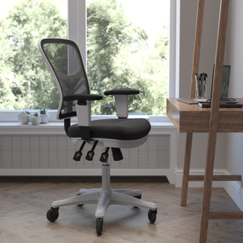 Flash Furniture Nicholas Mid-Back Black Mesh Multifunction Executive Ergonomic Office Chair w/ Adjustable Arms, Transparent Roller Wheels, & White Frame, Model# HL-0001-WH-BK-RLB-GG