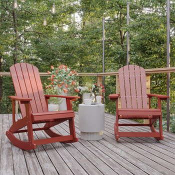 Flash Furniture Savannah Poly Resin Wood Adirondack Rocking Chair All Weather Red Polystyrene Stainless Steel Hardware Set of 2, Model# JJ-C14705-RED-2-GG