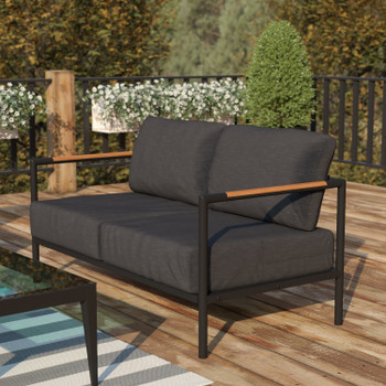 Flash Furniture Lea Indoor/Outdoor Patio Loveseat w/ Cushions Modern Aluminum Framed Loveseat w/ Teak Accent Arms, Black-Charcoal Cushions, Model# GM-201027-2S-CH-GG