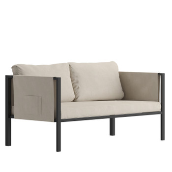 Flash Furniture Lea Indoor/Outdoor Loveseat w/ Cushions Modern Steel Framed Chair w/ Storage Pockets, Black w/ Beige Cushions, Model# GM-201108-2S-GY-GG