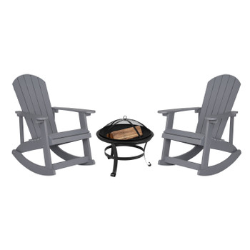 Flash Furniture Savannah Set of 2 Gray Commercial Grade All-Weather Poly Resin Wood Adirondack Rocking Chairs w/ 22" Round Wood Burning Fire Pit, Model# JJ-C147052-202-GY-GG