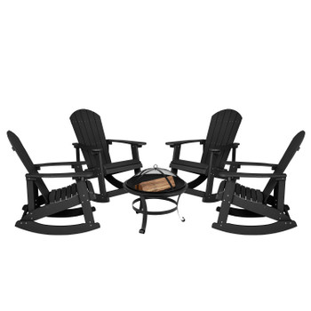 Flash Furniture Savannah Set of 4 Black Commercial Grade All-Weather Poly Resin Wood Adirondack Rocking Chairs w/ 22" Round Wood Burning Fire Pit, Model# JJ-C147054-202-BK-GG