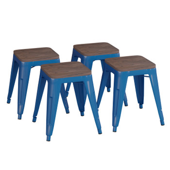 Flash Furniture Kai 18" Backless Table Height Stool w/ Wooden Seat-Stackable Royal Blue Metal Indoor Dining Stool-Commercial Grade-Set of 4, Model# ET-BT3503-18-BL-WD-GG
