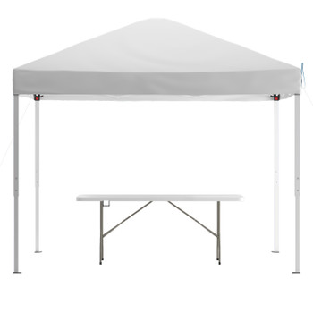 Flash Furniture Otis 10'x10' White Pop Up Event Canopy Tent w/ Carry Bag & 6-Foot Bi-Fold Folding Table w/ Carrying Handle Tailgate Tent Set, Model# JJ-GZ10183Z-WH-GG