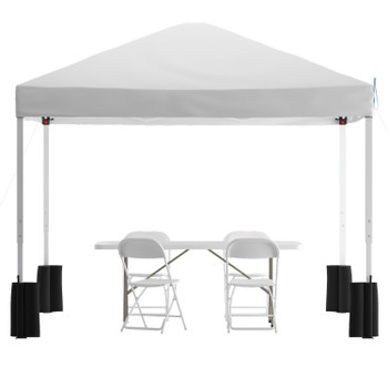 Flash Furniture Otis 10'x10' White Pop Up Canopy Tent w/ Wheeled Case & 6-Foot Bi-Fold Folding Table w/ Carrying Handle Tailgate Tent Set, Model# JJ-GZ10PKG183Z-WH-GG