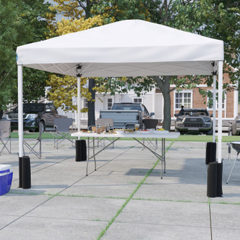 Flash Furniture Otis 10'x10' White Pop Up Canopy Tent w/ Wheeled Case & 6-Foot Bi-Fold Folding Table w/ Carrying Handle Tailgate Tent Set, Model# JJ-GZ10PKG183Z-WH-GG