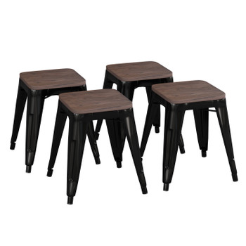 Flash Furniture Kai 18" Backless Table Height Stool w/ Wooden Seat, Stackable Black Metal Indoor Dining Stool, Commercial Grade Set of 4, Model# ET-BT3503-18-BLK-WD-GG