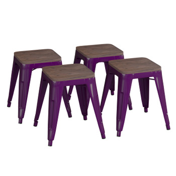 Flash Furniture Kai 18" Backless Table Height Stool w/ Wooden Seat, Stackable Purple Metal Indoor Dining Stool, Commercial Grade Set of 4, Model# ET-BT3503-18-PR-WD-GG
