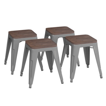 Flash Furniture Kai 18" Backless Table Height Stool w/ Wooden Seat, Stackable Silver Metal Indoor Dining Stool, Commercial Grade Set of 4, Model# ET-BT3503-18-SIL-WD-GG