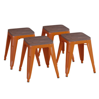 Flash Furniture Kai 18" Backless Table Height Stool w/ Wooden Seat, Stackable Orange Metal Indoor Dining Stool, Commercial Grade Set of 4, Model# ET-BT3503-18-ORG-WD-GG