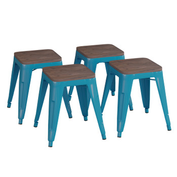 Flash Furniture Kai 18" Backless Table Height Stool w/ Wooden Seat, Stackable Teal Metal Indoor Dining Stool, Commercial Grade Set of 4, Model# ET-BT3503-18-TL-WD-GG