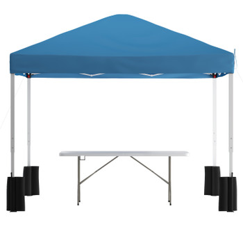 Flash Furniture Otis 10'x10' Blue Pop Up Canopy Tent w/ Wheeled Case & 6-Foot Bi-Fold Folding Table w/ Carrying Handle Tailgate Tent Set, Model# JJ-GZ10PKG183Z-BL-GG