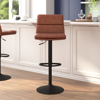 Flash Furniture Hughes Commercial Grade Modern Mid-Back Adjustable Height LeatherSoft Channel Stitched Barstools, Set of 2, Cognac, Model# CH-202071-BR-GG