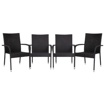 Flash Furniture Maxim Set of 4 Stackable Indoor/Outdoor Wicker Dining Chairs w/ Arms Fade & Weather-Resistant Steel Frames Black, Model# 4-TW-3WBE073-BK-GG