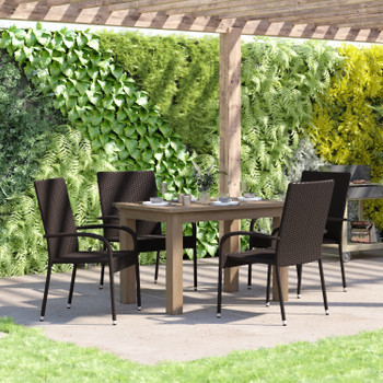 Flash Furniture Maxim Set of 4 Stackable Indoor/Outdoor Wicker Dining Chairs w/ Arms Fade & Weather-Resistant Steel Frames Espresso, Model# 4-TW-3WBE073-ESP-GG