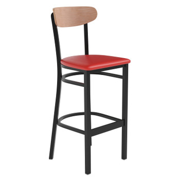 Flash Furniture Wright Commercial Barstool w/ 500 LB. Capacity Black Steel Frame, Natural Birch Finish Wooden Boomerang Back, & Red Vinyl Seat, Model# XU-DG6V6RDV-NAT-GG