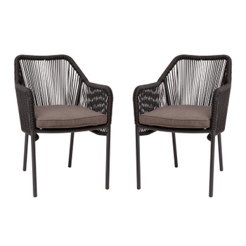 Flash Furniture Kallie Set of 2 All-Weather Black Woven Stacking Club Chairs w/ Rounded Arms & Gray Zippered Seat Cushions, Model# SDA-AD892006-BK-2-GG