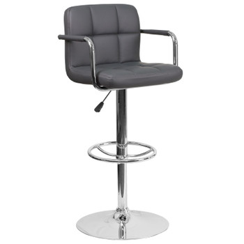 Flash Furniture Genna Contemporary Gray Quilted Vinyl Adjustable Height Barstool w/ Arms & Chrome Base, Model# CH-102029-GY-GG
