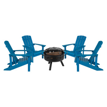 Flash Furniture 5 Piece Charlestown Blue Commercial Poly Resin Wood Adirondack Chair Set w/ Fire Pit Star & Moon Fire Pit w/ Mesh Cover, Model# JJ-C145014-32D-BLU-GG