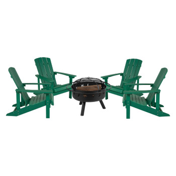 Flash Furniture 5 Piece Charlestown Green Commercial Poly Resin Wood Adirondack Chair Set w/ Fire Pit Star & Moon Fire Pit w/ Mesh Cover, Model# JJ-C145014-32D-GRN-GG