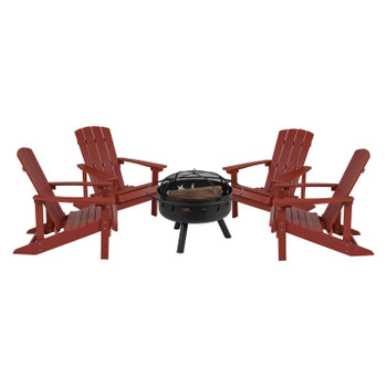 Flash Furniture 5 Piece Charlestown Red Commercial Poly Resin Wood Adirondack Chair Set w/ Fire Pit Star & Moon Fire Pit w/ Mesh Cover, Model# JJ-C145014-32D-RED-GG