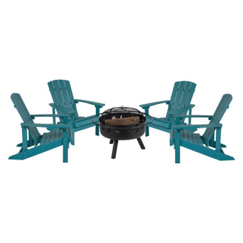 Flash Furniture 5 Piece Charlestown Commercial Sea Foam Poly Resin Wood Adirondack Chair Set w/ Fire Pit Star & Moon Fire Pit w/ Mesh Cover, Model# JJ-C145014-32D-SFM-GG