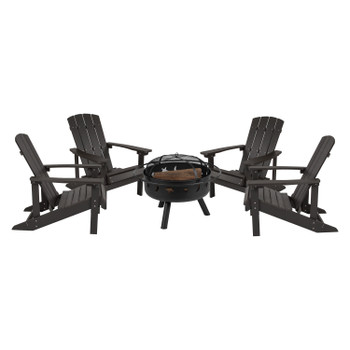 Flash Furniture 5 Piece Charlestown Commercial Slate Gray Commercial Poly Resin Wood Adirondack Chair Set w/ Fire Pit Star & Moon Fire Pit w/ Mesh Cover, Model# JJ-C145014-32D-SLT-GG